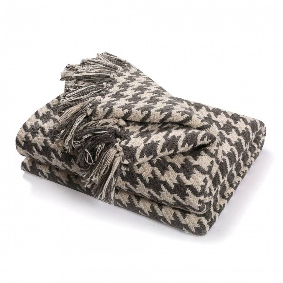 EHC Luxury Cotton Soft Woven Hounds Tooth Throw - Grey