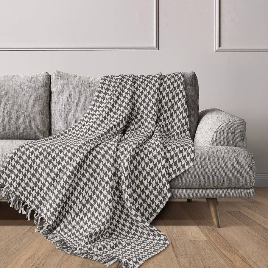 EHC Luxury Cotton Soft Woven Hounds Tooth Throw - Grey