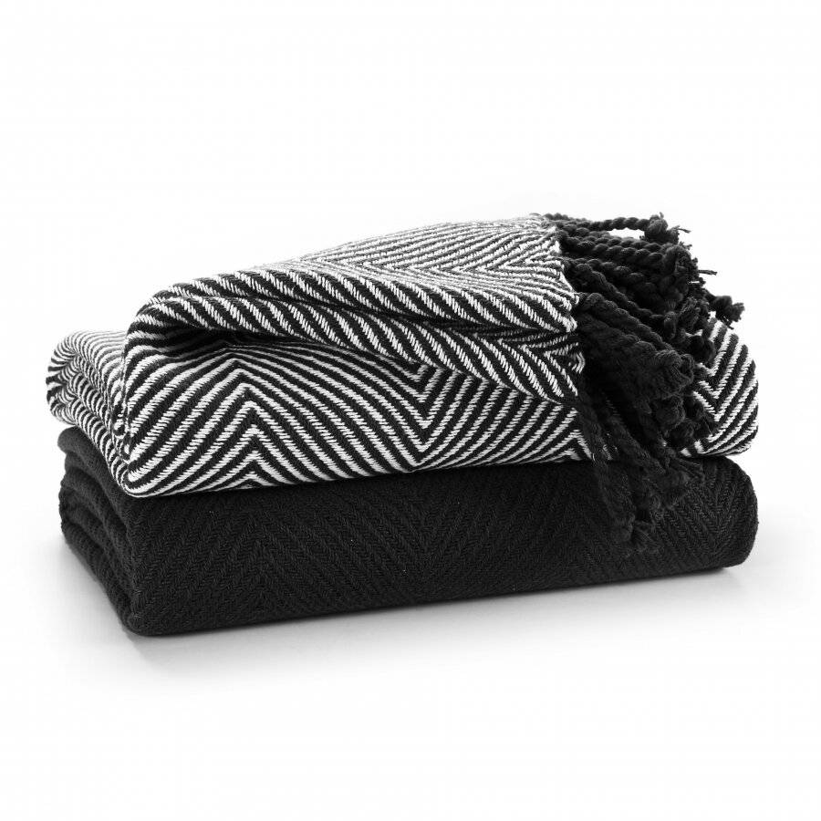 EHC Luxury Pack of 2 Chevron Cotton Single Sofa Throw Blanket, Black