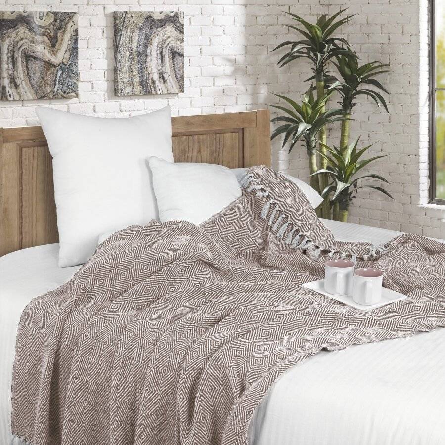 EHC Luxury Super Soft Cotton Diamond Large Throw - Beige, 150 x 200 cm