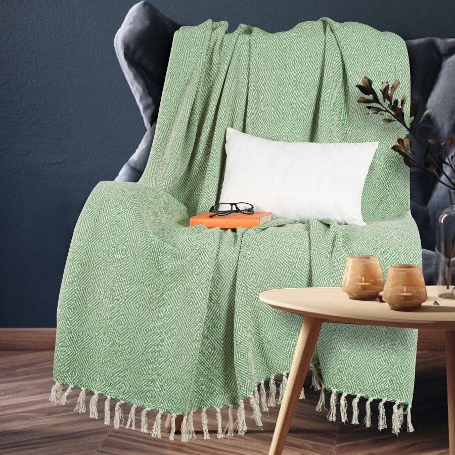 EHC Luxury Super Soft Cotton Diamond Large Throw - Green, 150 x 200 cm