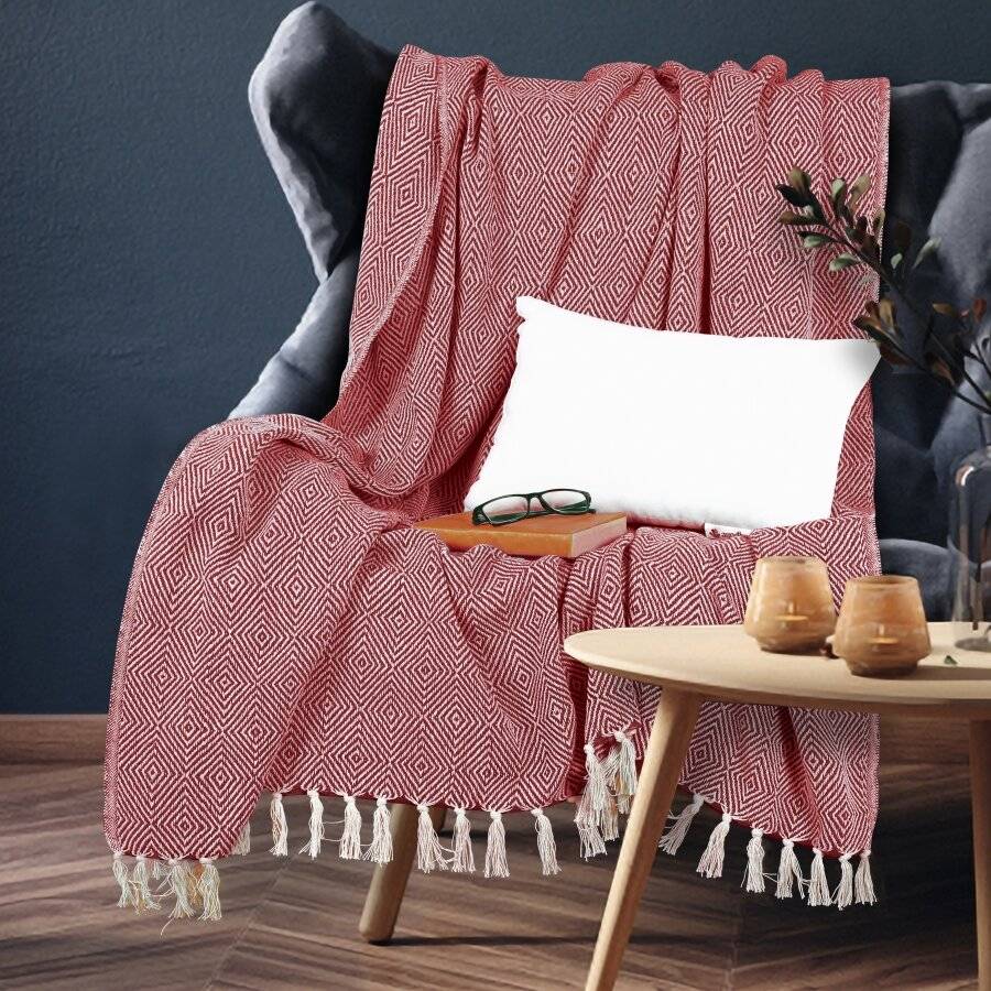 EHC Luxury Super Soft Cotton Diamond Large Throw - Red, 150 x 200 cm