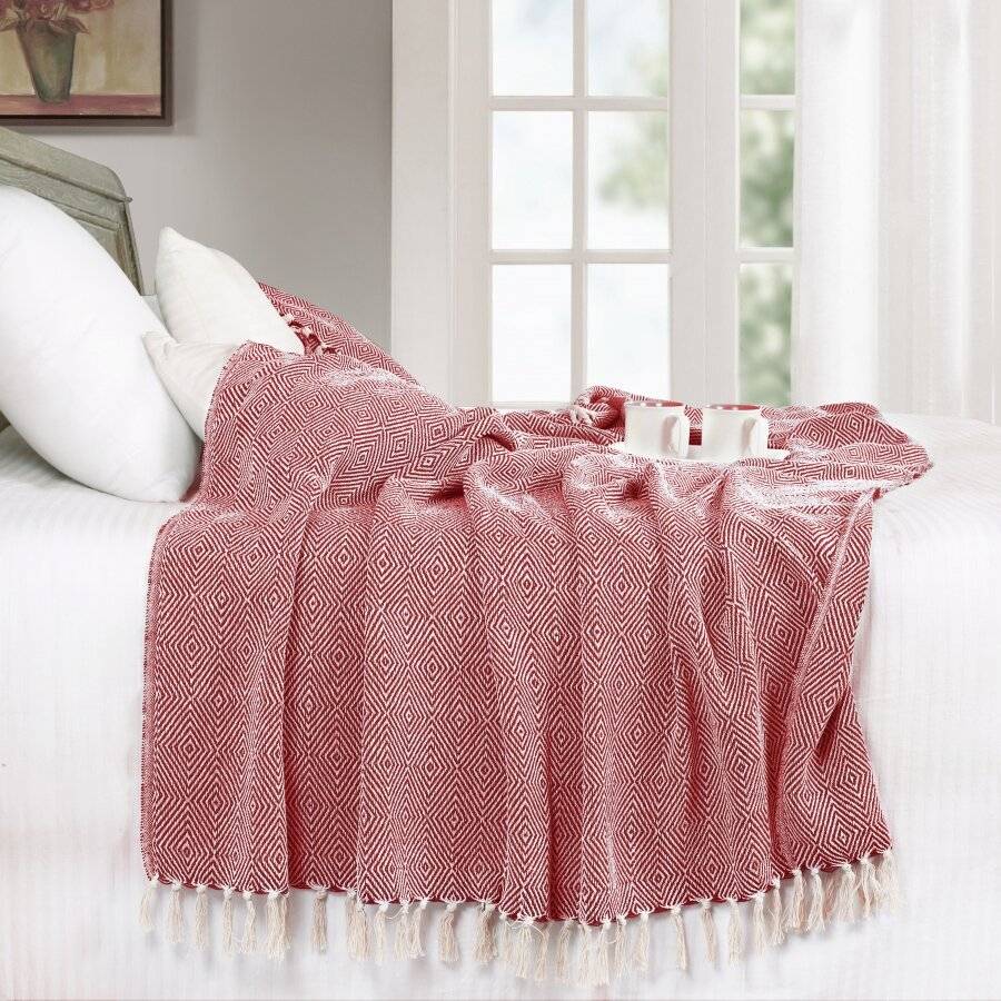 EHC Luxury Super Soft Cotton Diamond Large Throw - Red, 150 x 200 cm