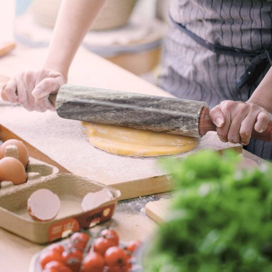 EHC Marble Rolling Pin for Baking with Acacia Wood Stand, Beige