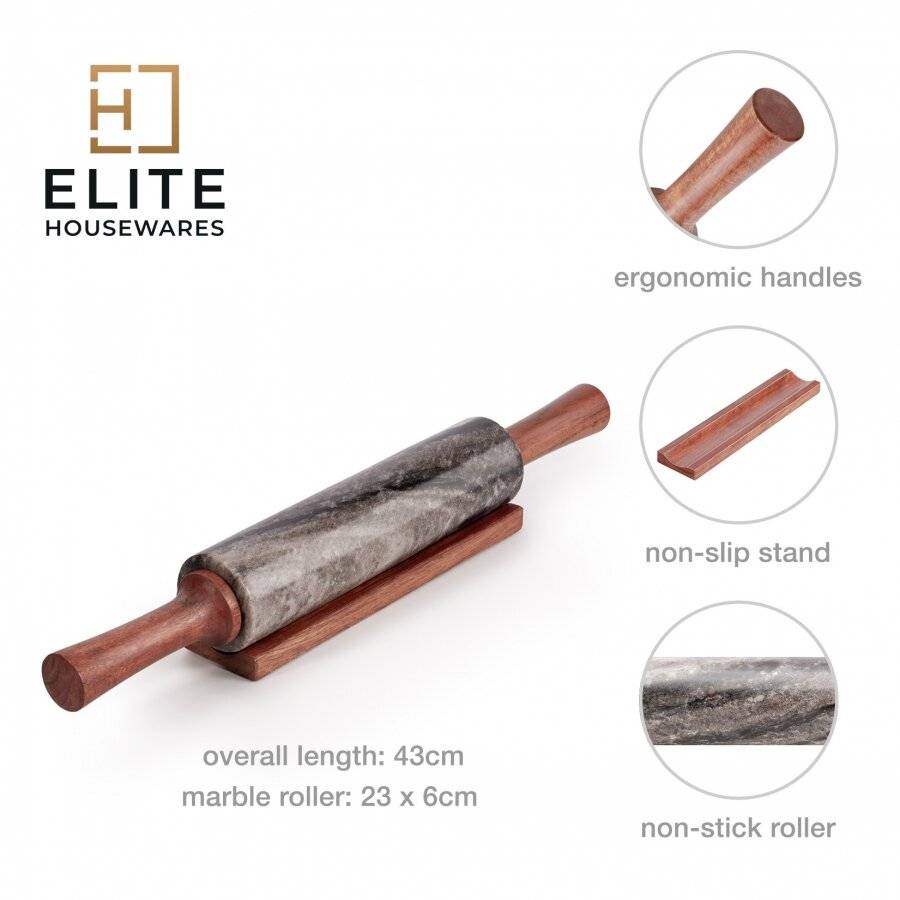 EHC Marble Rolling Pin for Baking with Acacia Wood Stand, Beige