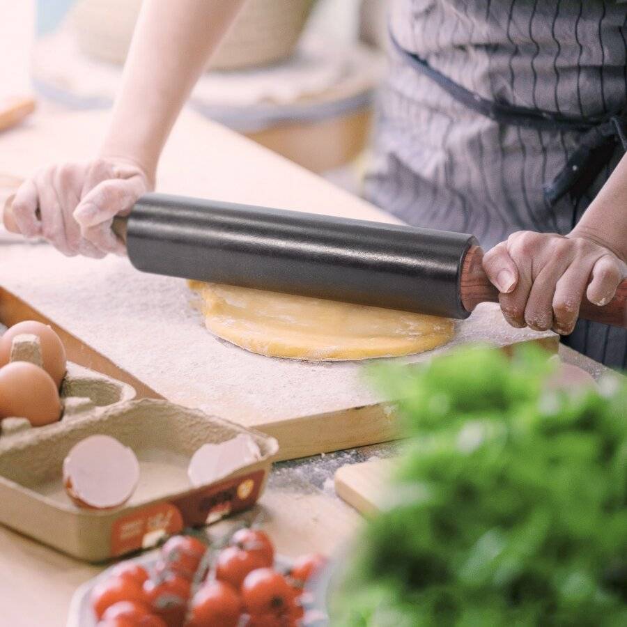 EHC Marble Rolling Pin for Baking with Acacia Wood Stand - Black