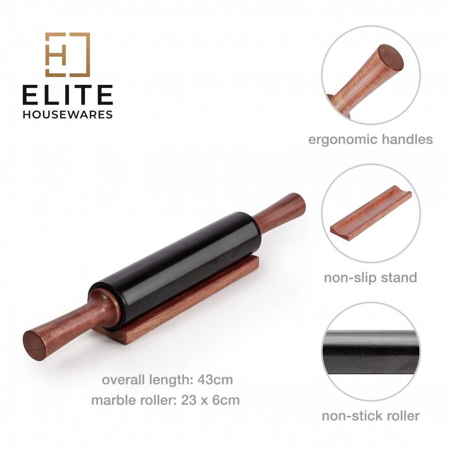 EHC Marble Rolling Pin for Baking with Acacia Wood Stand - Black