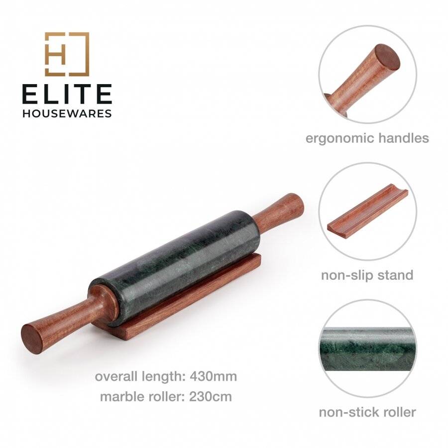 EHC Marble Rolling Pin for Baking with Acacia Wood Stand, Green