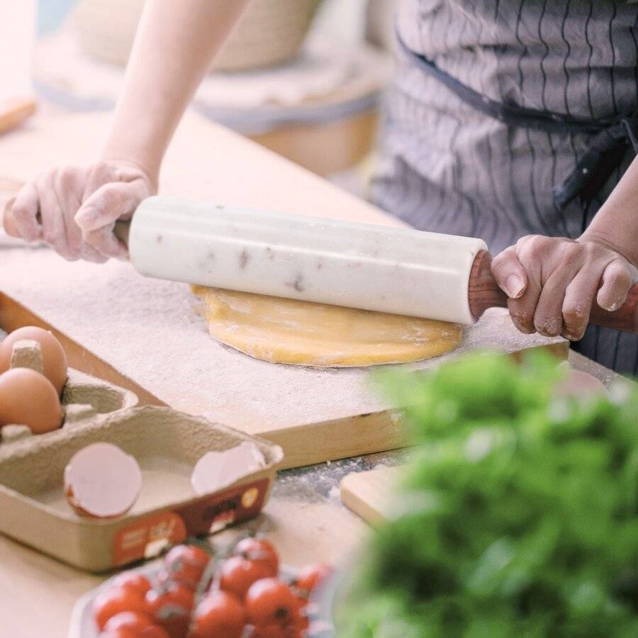 EHC Marble Rolling Pin for Baking with Acacia Wood Stand - White