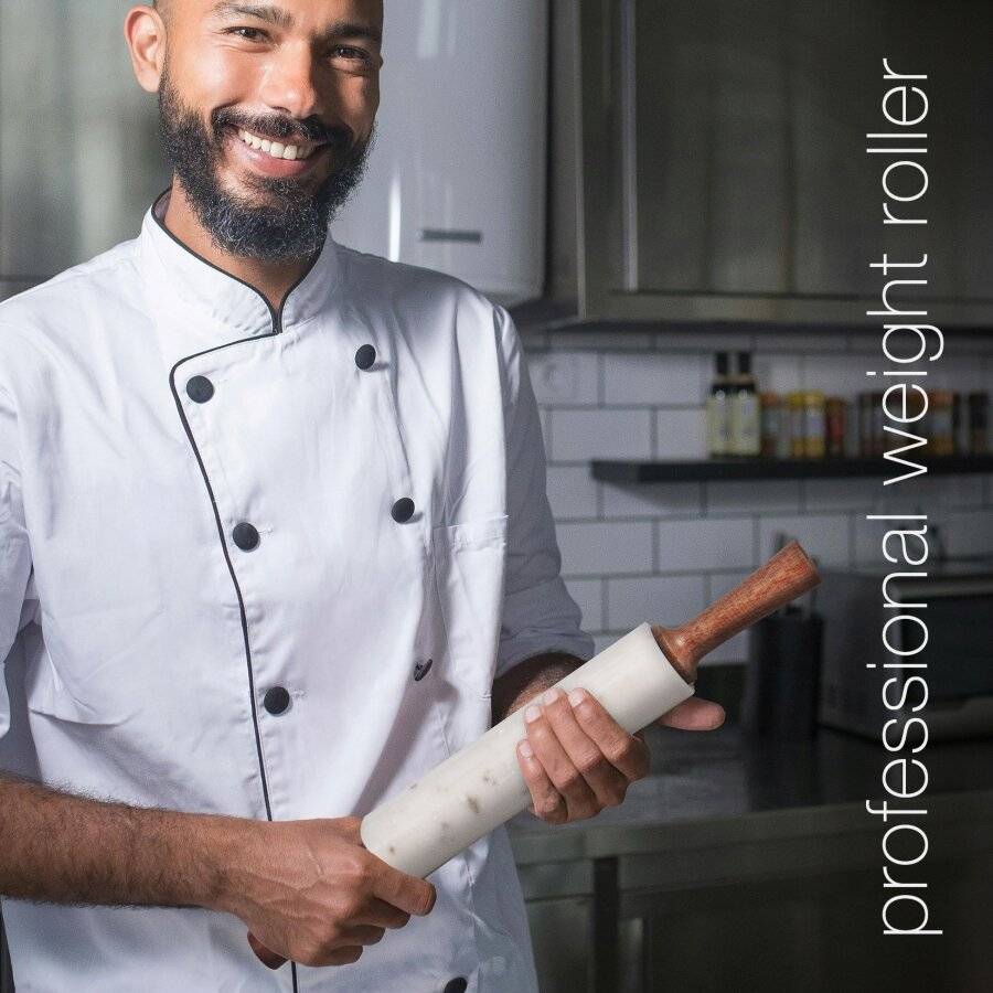 EHC Marble Rolling Pin for Baking with Acacia Wood Stand - White