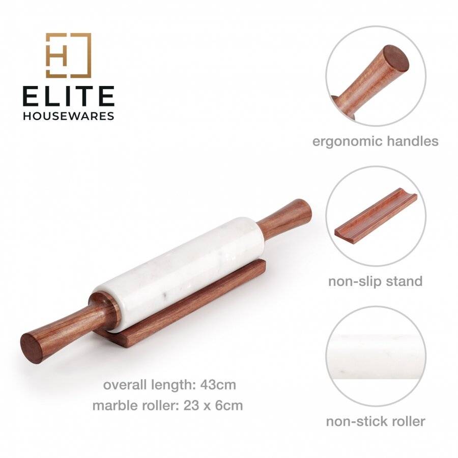 EHC Marble Rolling Pin for Baking with Acacia Wood Stand - White