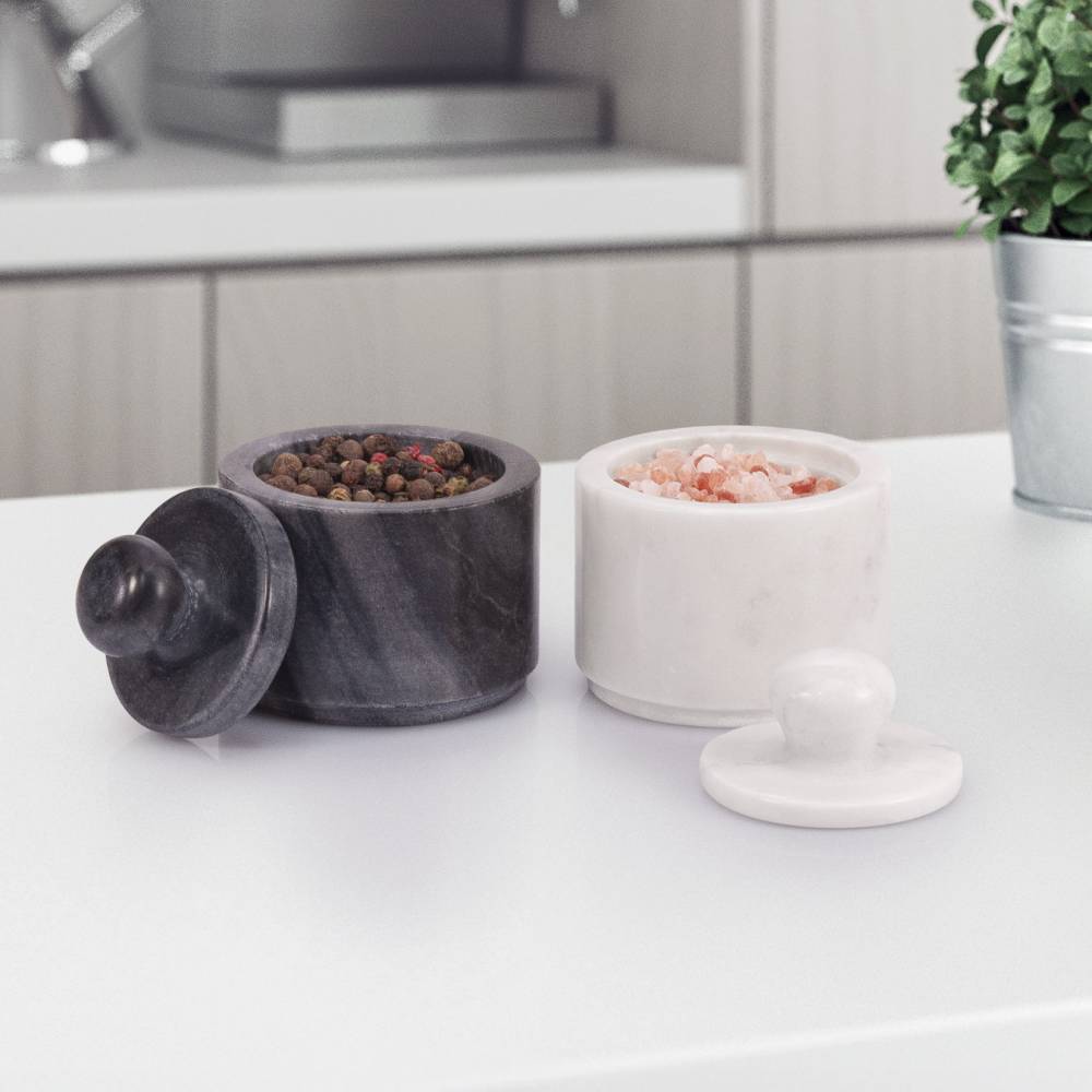 EHC Marble Salt and Pepper Pots Set, White Salt & Black Pepper Shaker