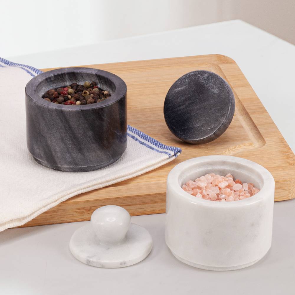 EHC Marble Salt and Pepper Pots Set, White Salt & Black Pepper Shaker