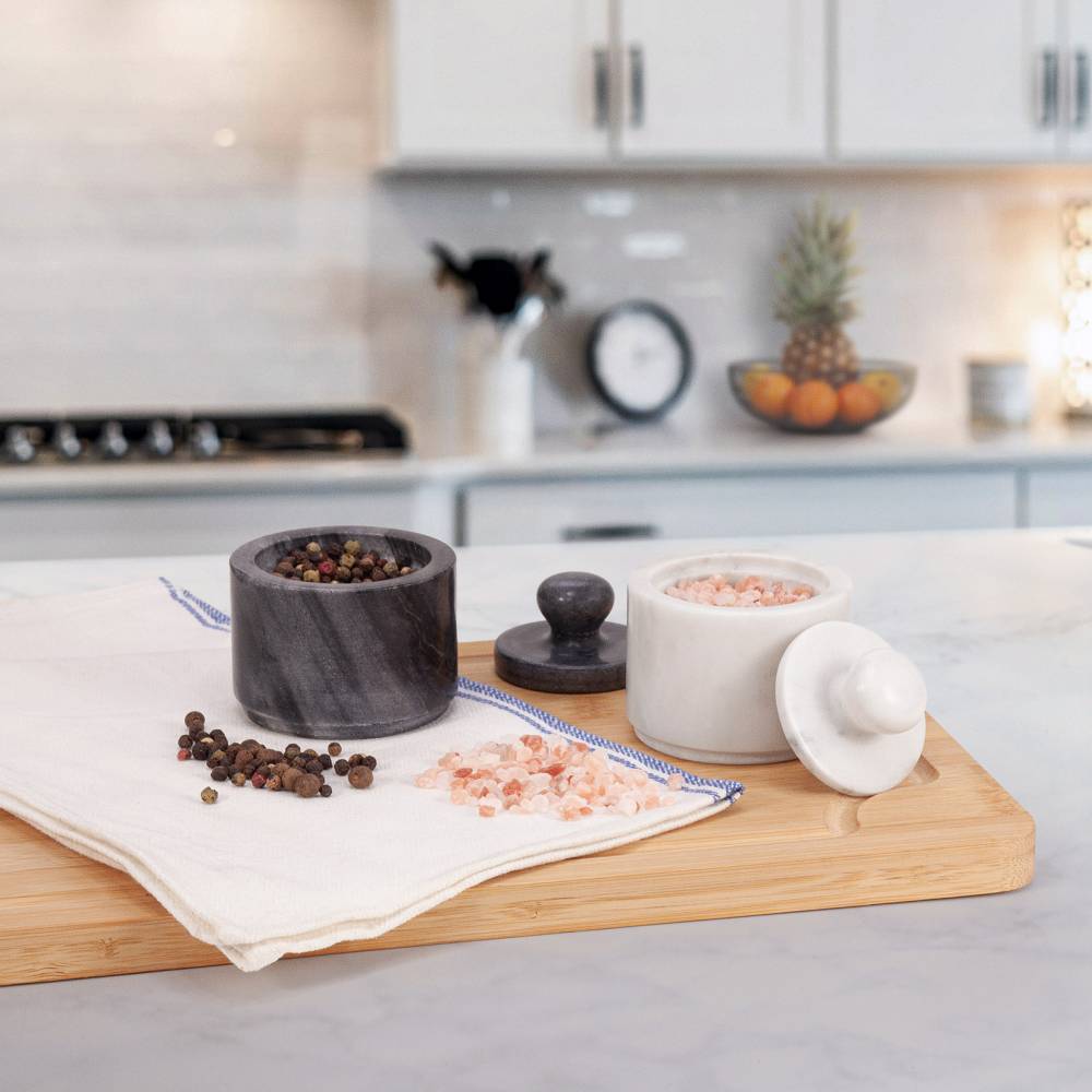 EHC Marble Salt and Pepper Pots Set, White Salt & Black Pepper Shaker