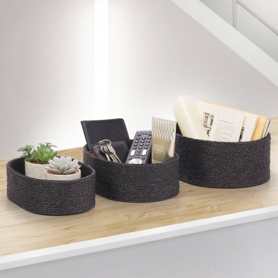 EHC Multi-Purpose Paper Rope Set of 3 Oval Storage Basket, Black