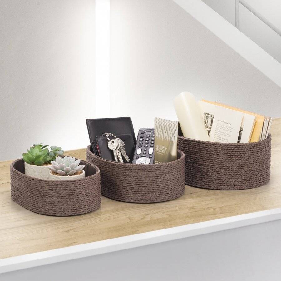 EHC Multi-Purpose Paper Rope Set of 3 Oval Storage Basket, Chocolate