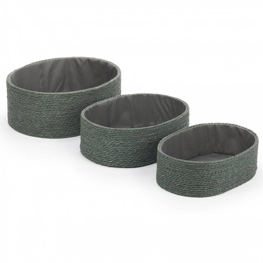 EHC Multi-Purpose Paper Rope Set of 3 Oval Storage Basket, Dark Green