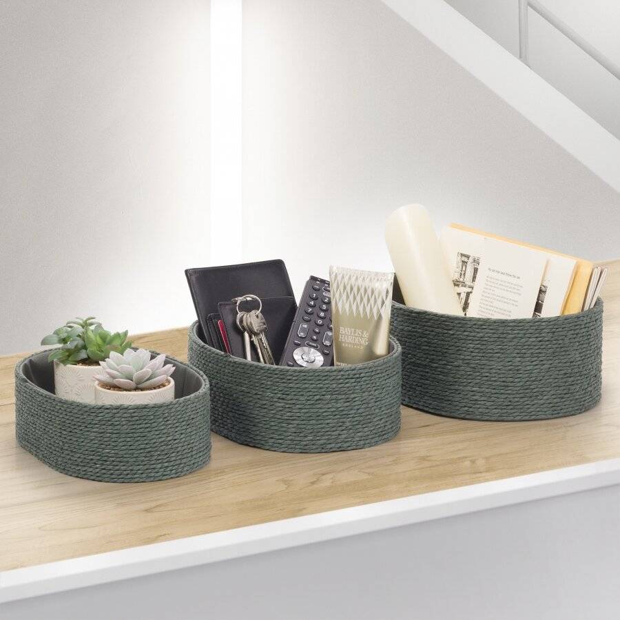 EHC Multi-Purpose Paper Rope Set of 3 Oval Storage Basket, Dark Green