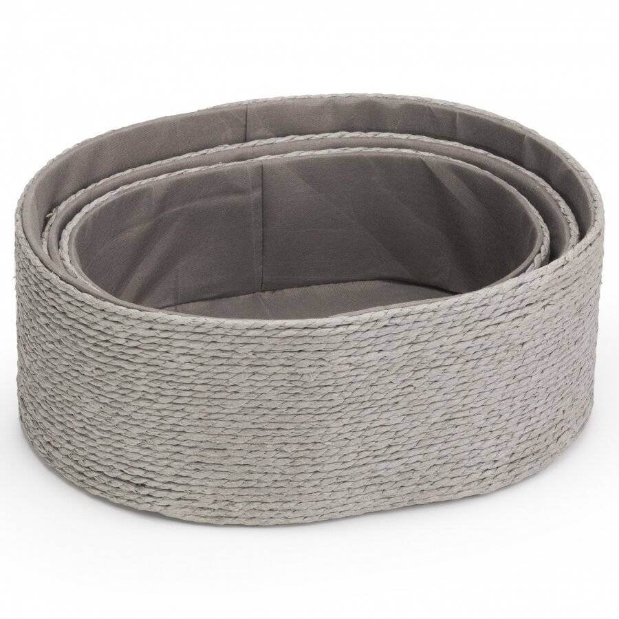 EHC Multi-Purpose Paper Rope Set of 3 Oval Storage Basket, Grey