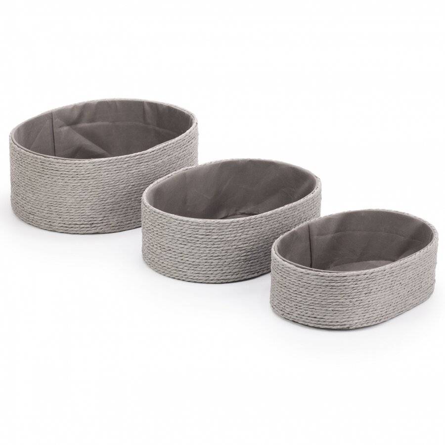 EHC Multi-Purpose Paper Rope Set of 3 Oval Storage Basket, Grey
