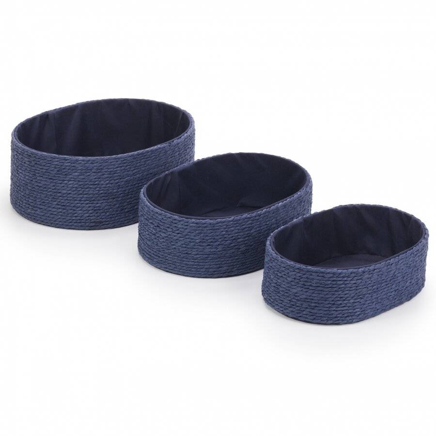 EHC Multi-Purpose Paper Rope Set of 3 Oval Storage Basket, Navy Blue