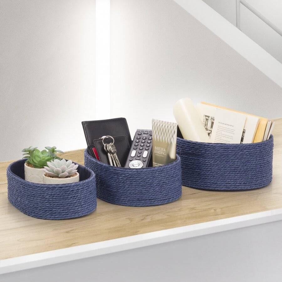 EHC Multi-Purpose Paper Rope Set of 3 Oval Storage Basket, Navy Blue