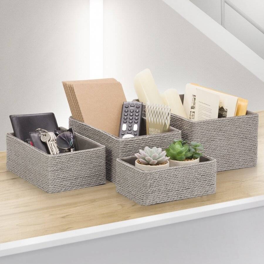 EHC Multi-Purpose Paper Rope Set of 4 Storage Basket, Grey