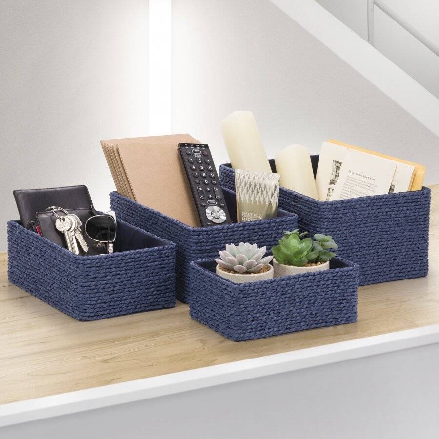 EHC Multi-Purpose Paper Rope Set of 4 Storage Basket, Navy Blue