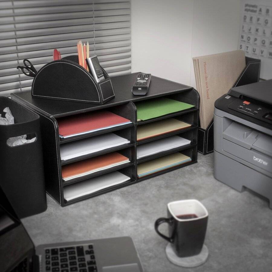 EHC Multifunctional Faux Leather Office Desk/Stationery Unit  - Black