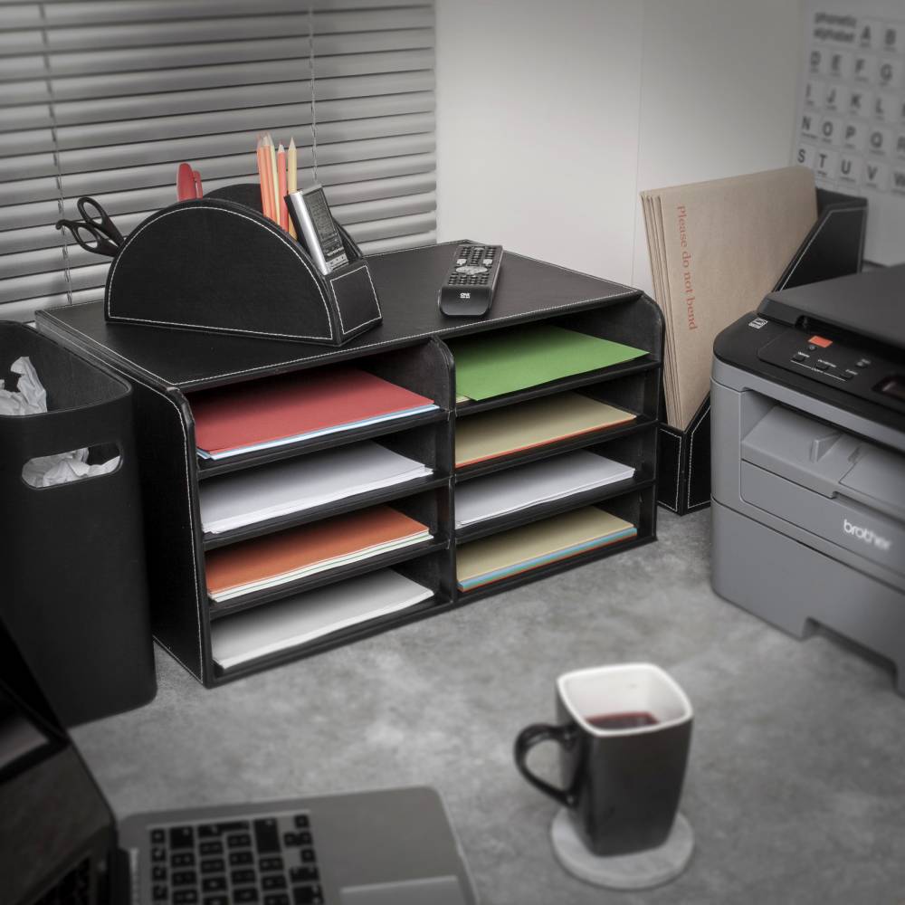 EHC Multifunctional Faux Leather Office Desk/Stationery Unit  - Black