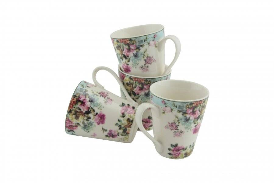 EHC New Bone China Floral Pattern Set of 4 Coffee Mugs - Gift Boxed