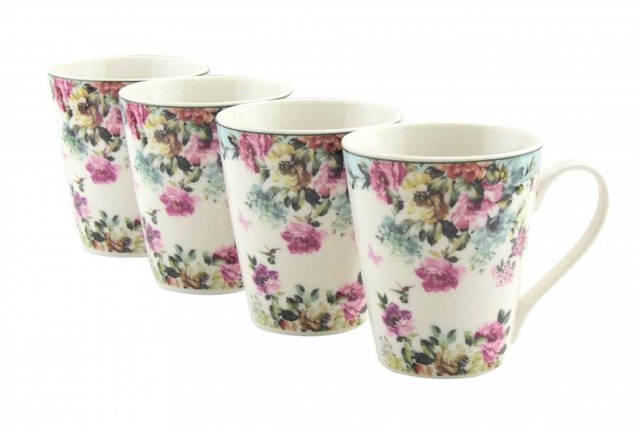 EHC New Bone China Floral Pattern Set of 4 Coffee Mugs - Gift Boxed