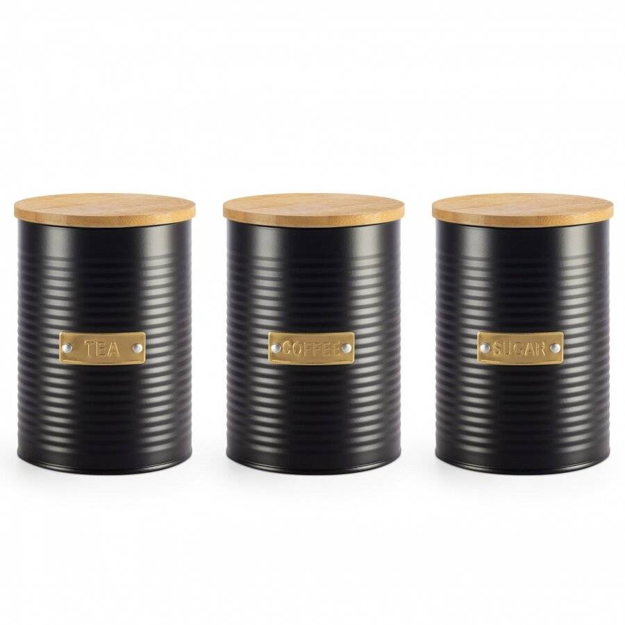 EHC Set of 3 Tea, Coffee & Sugar Canister Storage Jars Set, Black, 1L