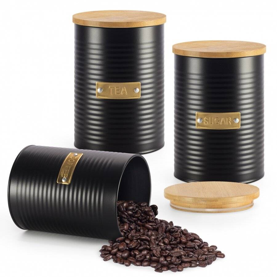 EHC Set of 3 Tea, Coffee & Sugar Canister Storage Jars Set, Black