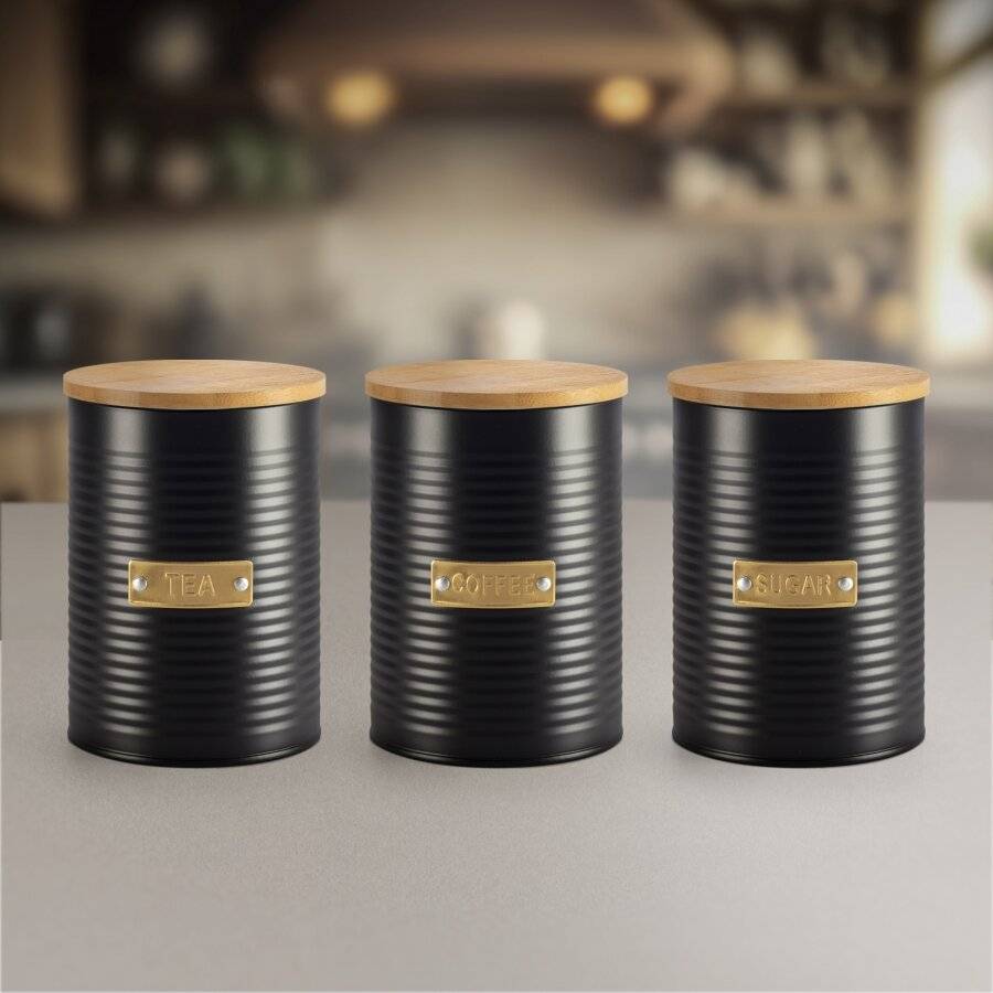 EHC Set of 3 Tea, Coffee & Sugar Canister Storage Jars Set, Black, 1L