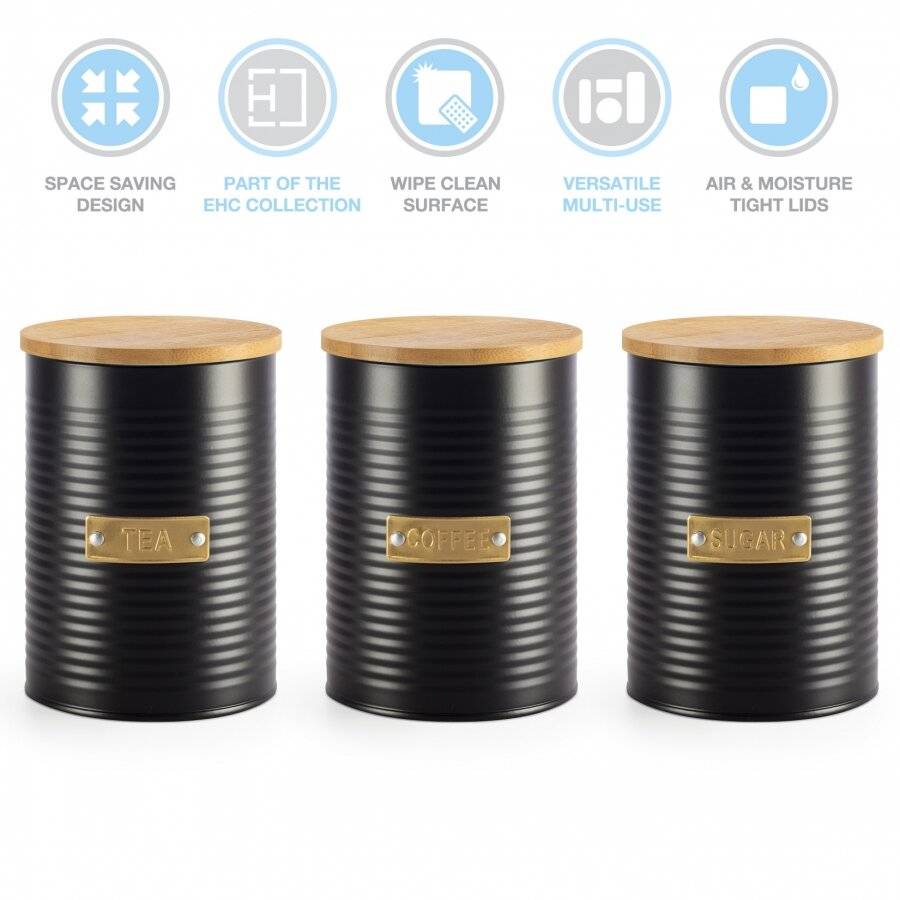 EHC Set of 3 Tea, Coffee & Sugar Canister Storage Jars Set, Black, 1L