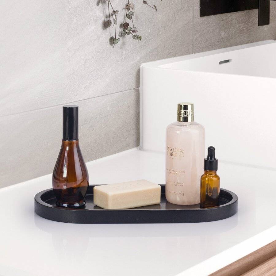 EHC Oval-shaped Decorative Marble Stone Storage Vanity Tray, Black