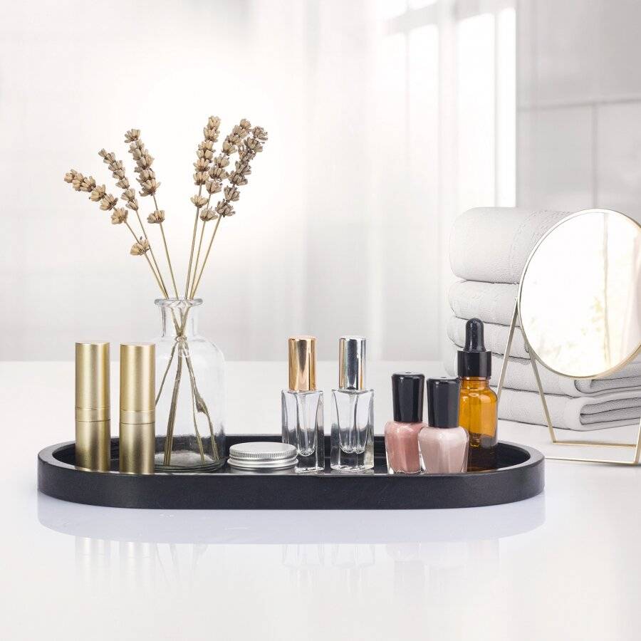 EHC Oval-shaped Decorative Marble Stone Storage Vanity Tray, Black