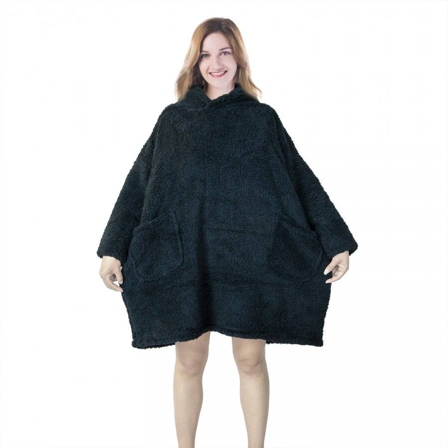 Unisex Oversized Microfiber Teddy Wearable Hoodie Blanket, Navy Blue