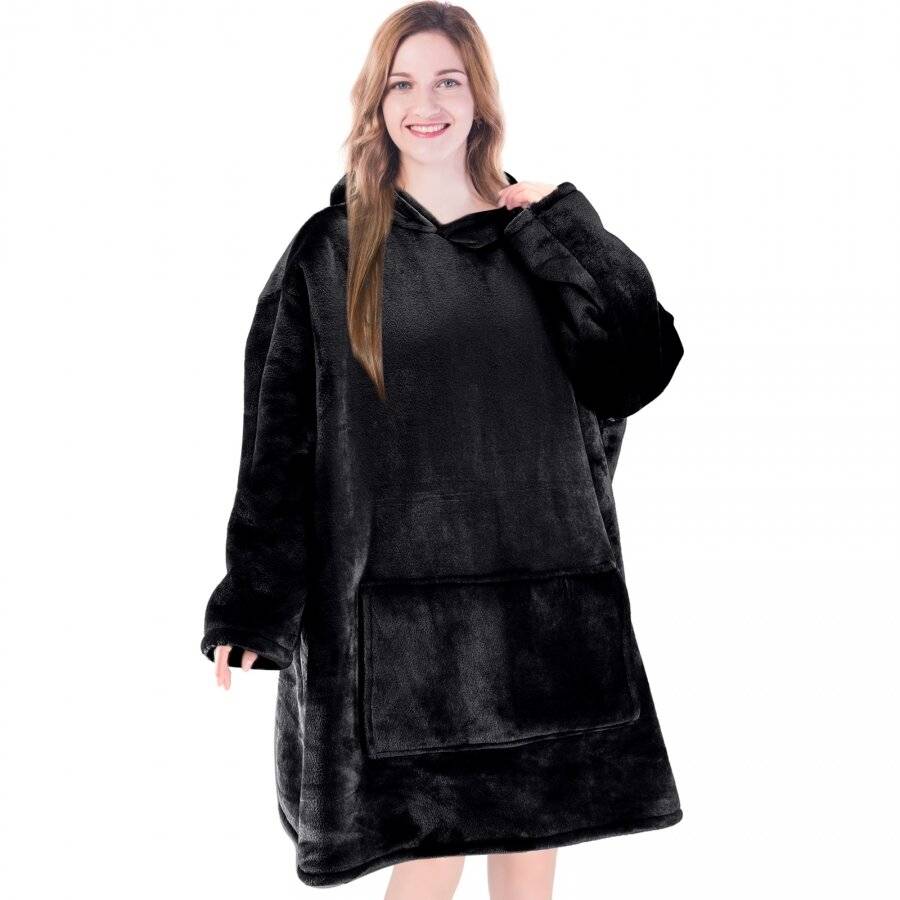 EHC Oversized Microfiber & Sherpa Wearable Blanket - Black