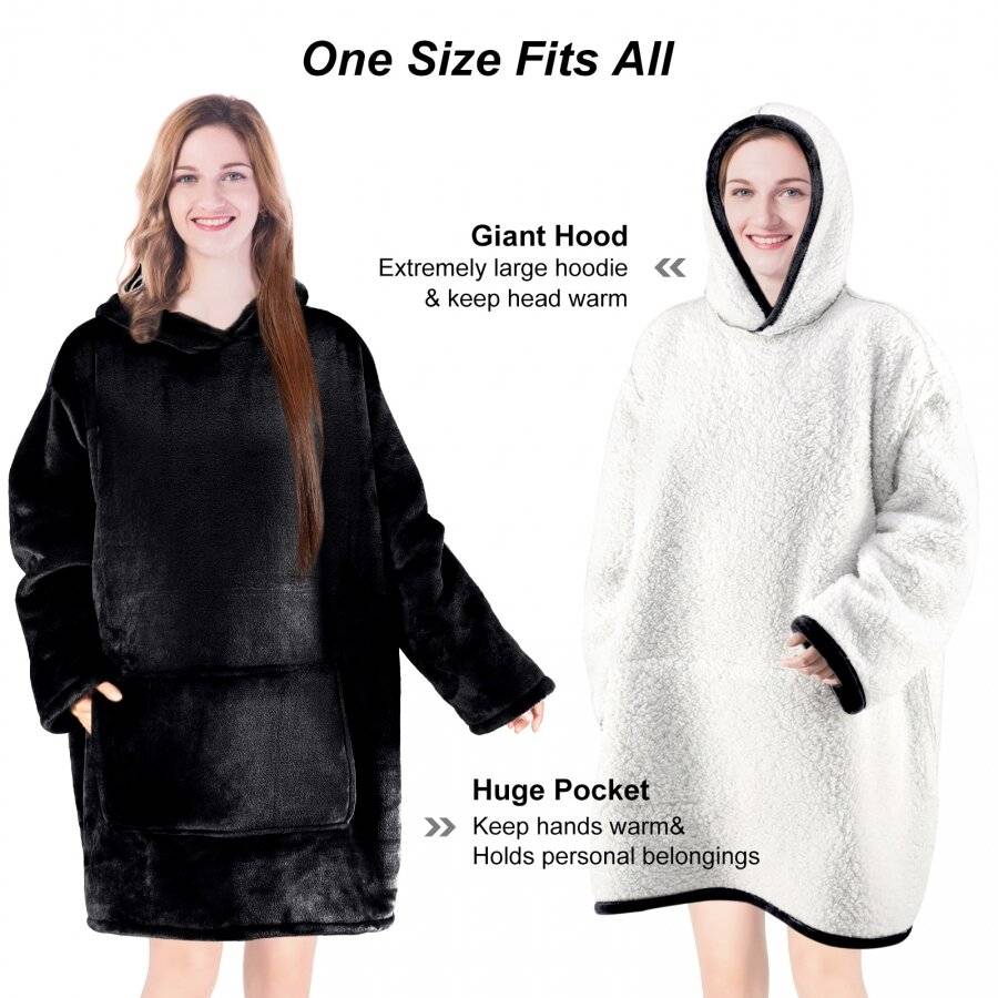 EHC Oversized Microfiber & Sherpa Wearable Blanket - Black