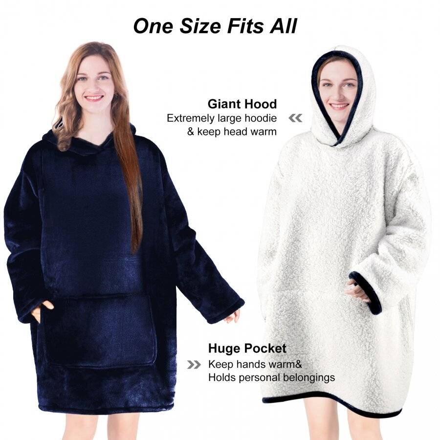 EHC Oversized Microfiber & Sherpa Wearable Blanket - Navy Blue