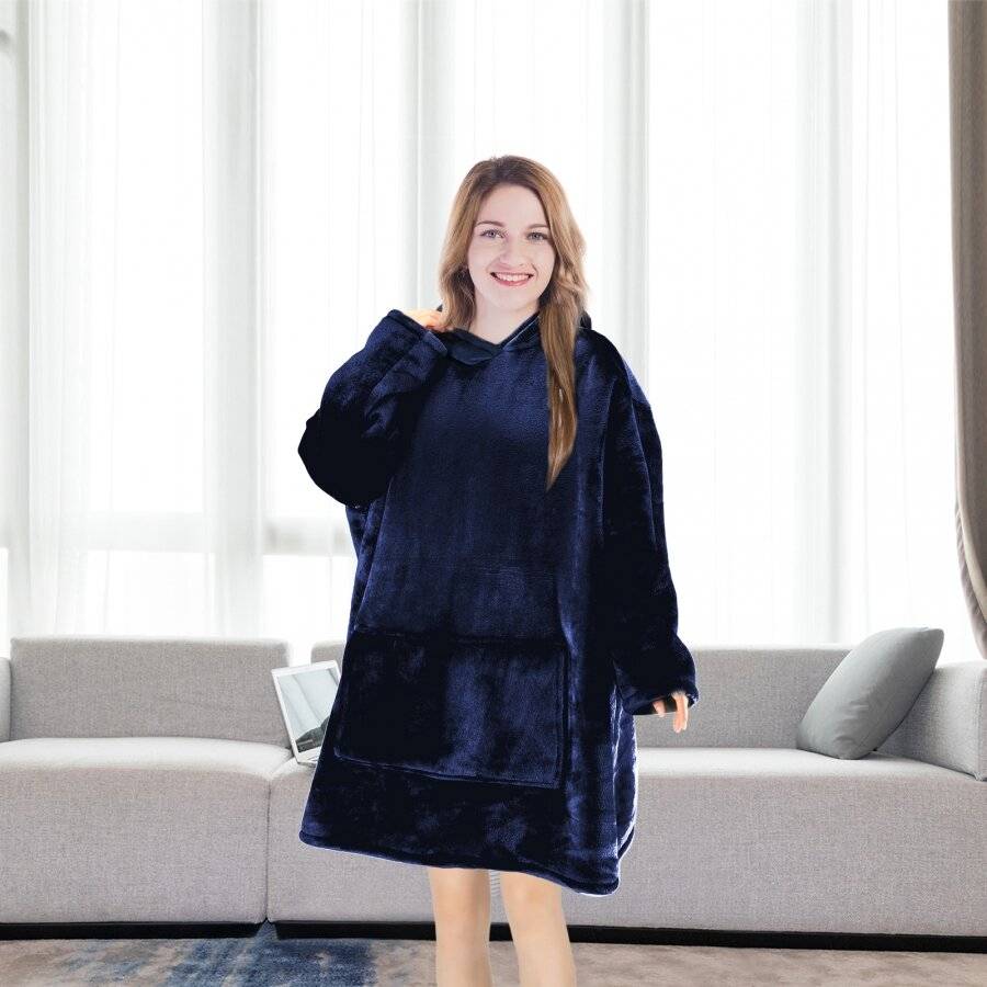 EHC Oversized Microfiber & Sherpa Wearable Blanket - Navy Blue