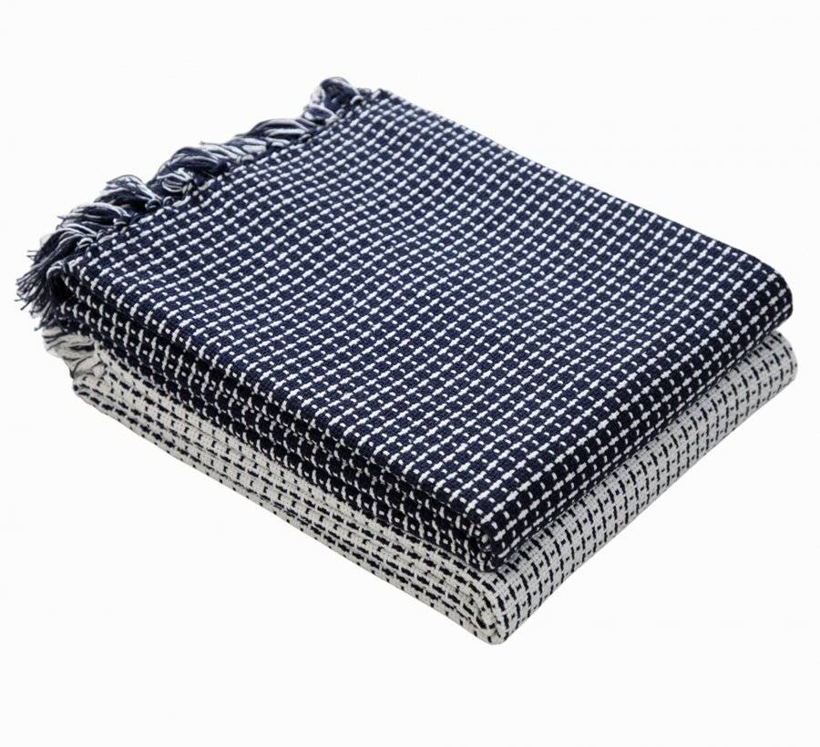 Pack of 2 Dot Check Throws For Sofa Settee Chair  - Navy Blue/Ivory