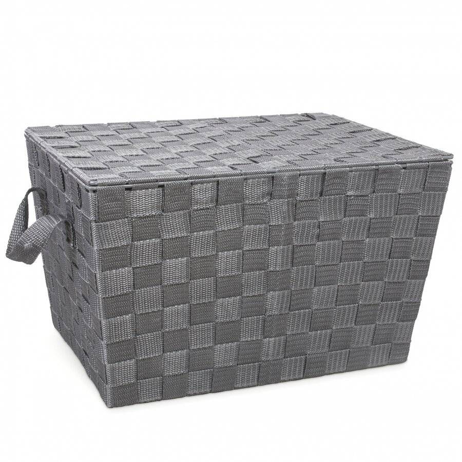 EHC Polypropylene Hand Woven Storage Hamper Basket With Lid, Grey