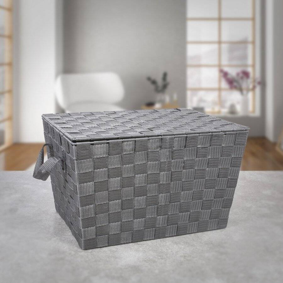 EHC Polypropylene Hand Woven Storage Hamper Basket With Lid, Grey