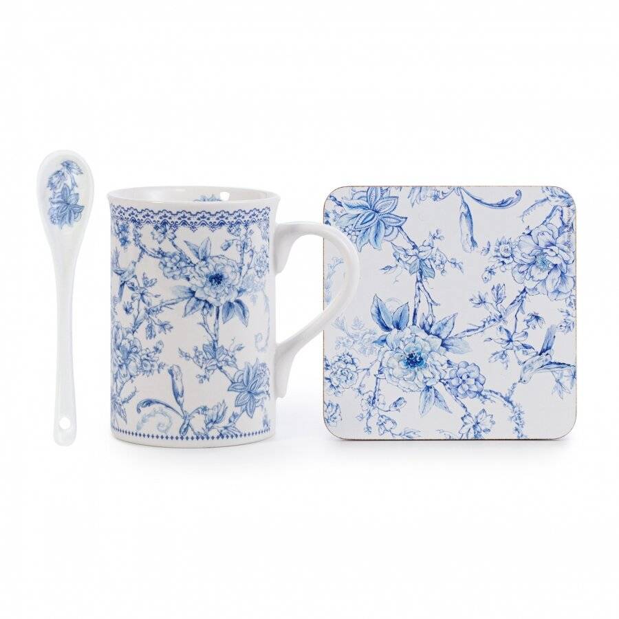 EHC Porcelain Orchid Design Tea/Coffee Mug with Spoon & Coaster Set
