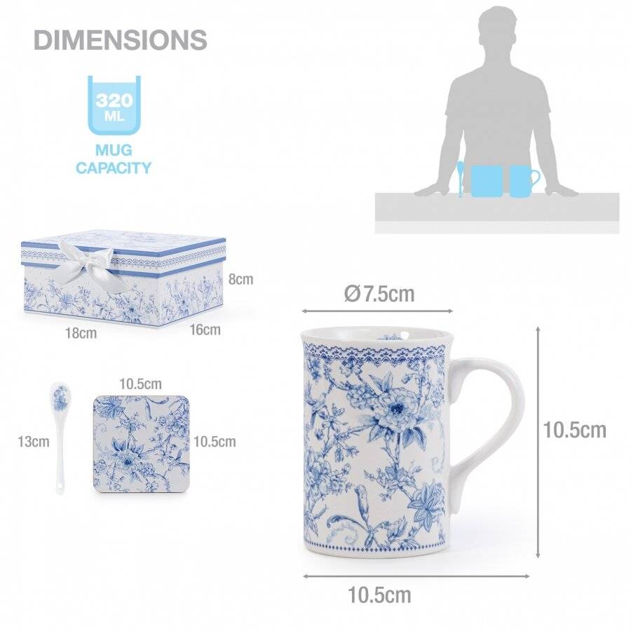 EHC Porcelain Orchid Design Tea/Coffee Mug with Spoon & Coaster Set