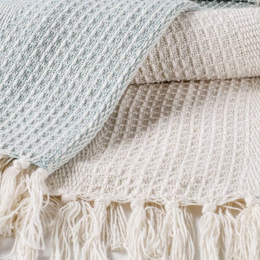 Pack of 2 Cross-Stitch Throws For Sofa/Chair Blanket - Duck Egg/Ivory