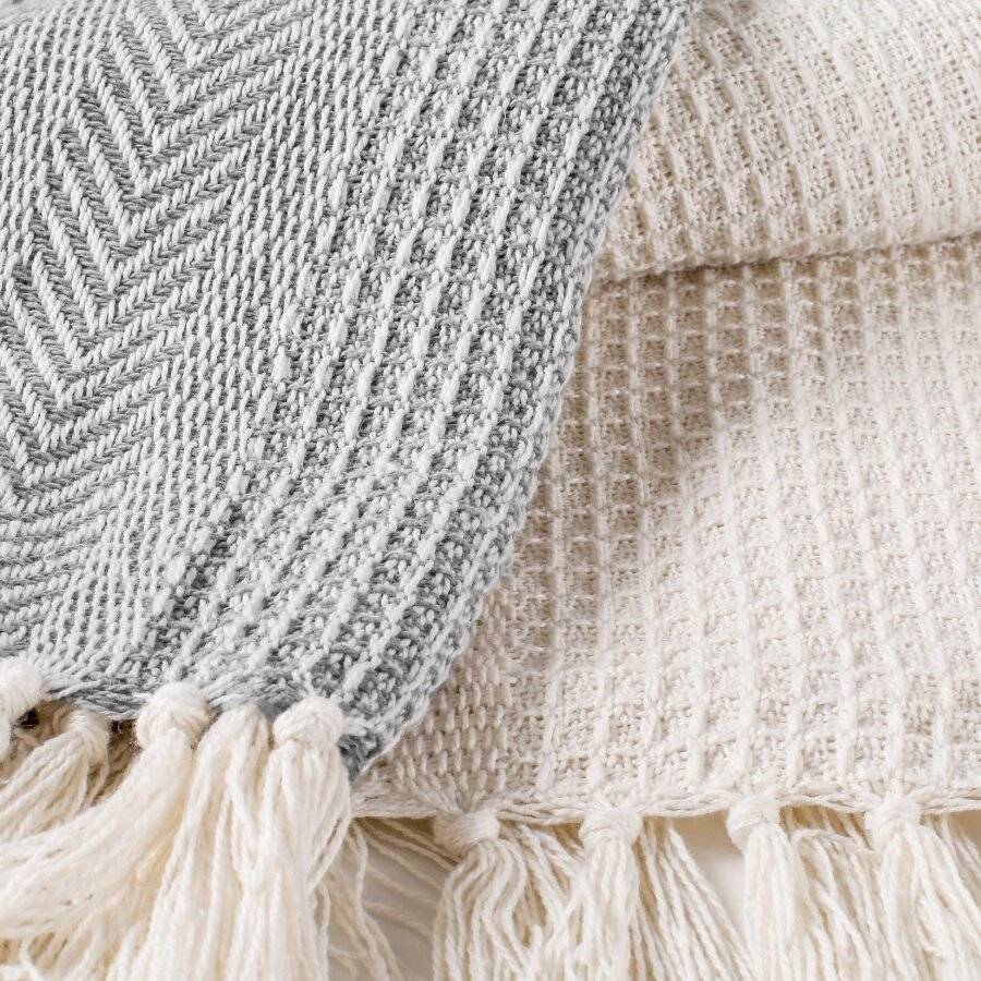 EHC Pack of 2 Cross-Stitch Throws For Sofa/Chair Blanket - Grey/Ivory